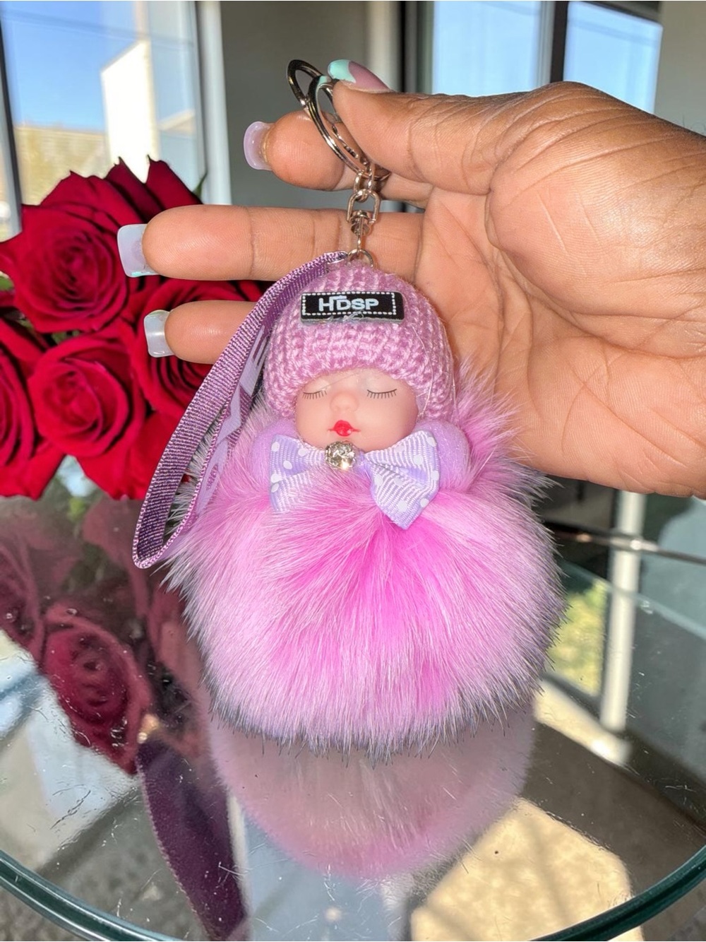 One (1) Love Faux Fur Pom Doll Keychain with Branded Strap-various colors